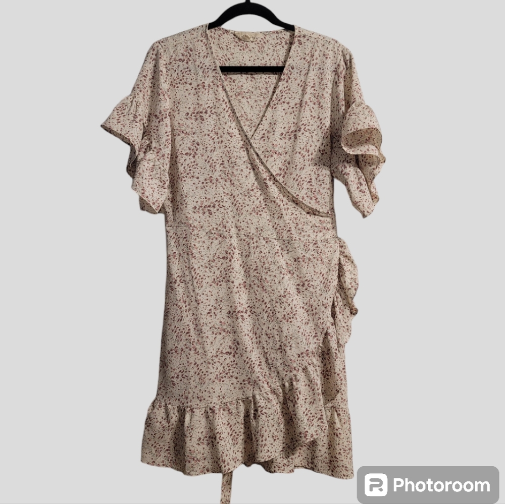 lovestitch Cream Mini Wrap Dress with Dusty Rose Speckle